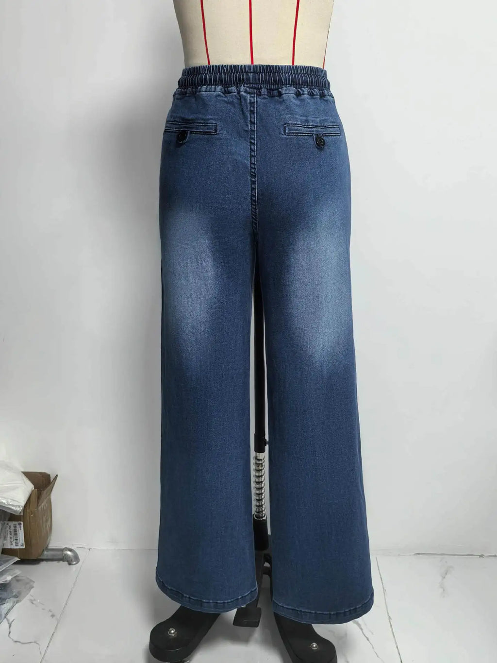 Women Jeans Vintage Denim Pant Elastic Waist Lace Up Wide Leg Long Pants Straight Trousers Y2k Streetwear Splice Work Spring
