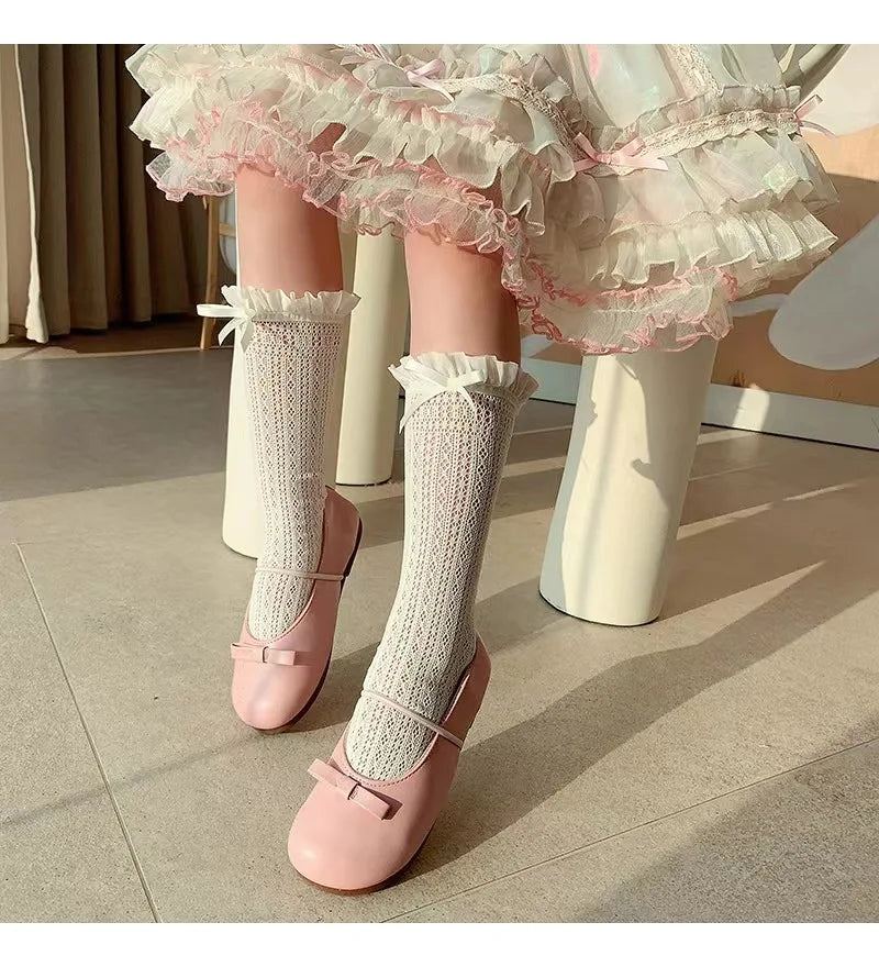 Girls Long Tube Lace Stockings Sweet Bow Jacquard Pattern Mesh Sock Baby Girl Ballet Fishing Net Frilly Socks Lolita Leggings