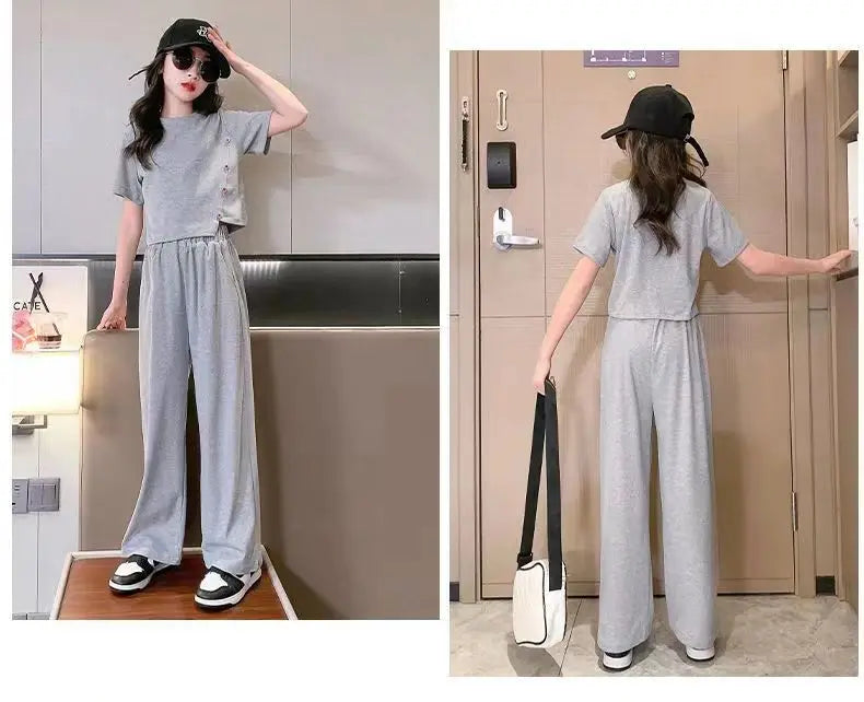 Summer 2026 Girls Clothes Sets Kids Short Sleeve Casual T-Shirts + Loose Pants 2PCS Children Clothing Suits Teen 6 8 10 12 14 Y