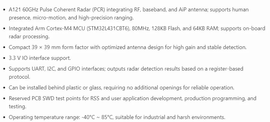 Waveshare A121 Millimeter Wave Radar Ranging Sensor, 60GHz Pulsed Coherent Radar Micro-motion Detection Module