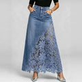 Women Elegant Lace Spliced Denim Skirt High Waist Slim A-line Skirt Washed Denim Wrap Hip Long Skirt All Match Fashion Bottoms