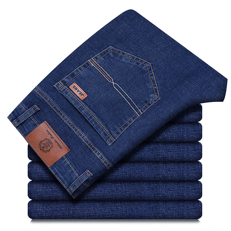 OUSSYU Brand Classic Retro Blue Men's Jeans Denim Pants Work Streetwear Straight Stretch Business Autumn Winter Cotton Trousers