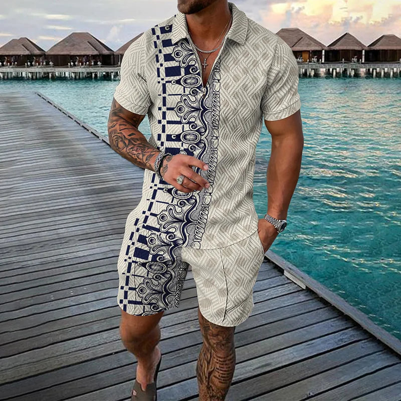 Men Zipper Polo Shirt Suit 2 Pcs Tracksuit Summer 3D Print Beach Boho Geometric Style Holiday Clothing Ensembles De Sport