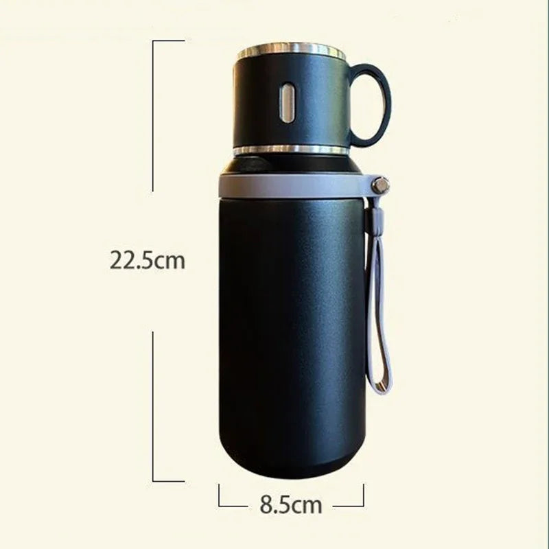 600ML Stainless Steel Insulated Bottle Double Wall Vacuum with Cup Lid Rope Handle Office Home Travel Thermos Coffee Cup Outdoor