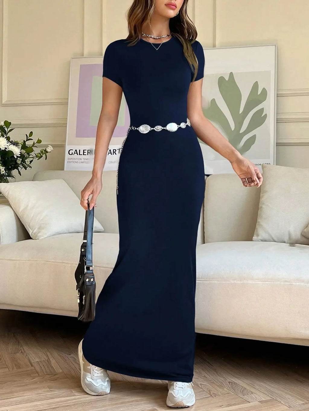Short-sleeved Solid Color Slim Sexy Waisted Spring And Summer Temperament Dress Women's Round Neck Elegant Long Dress For Dinner