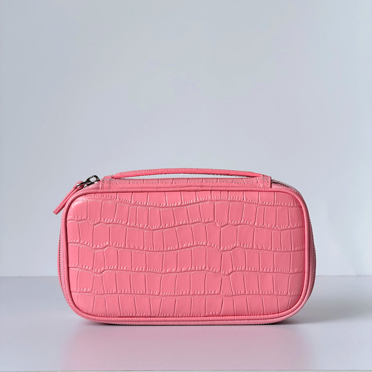 Pink Cowhide Crocodile Pattern Cosmetic Bag Luxury Large Capacity Genuine Leather Travel Toiletry Storage Portable Vanity Case