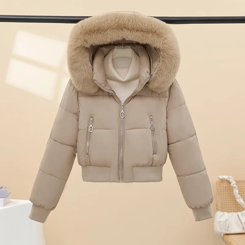 American Waistedn Big Fur Collar Hooded Short Cotton Coat for Women Winter New Fashionable Hat Detachable Casual Slimming Jacket