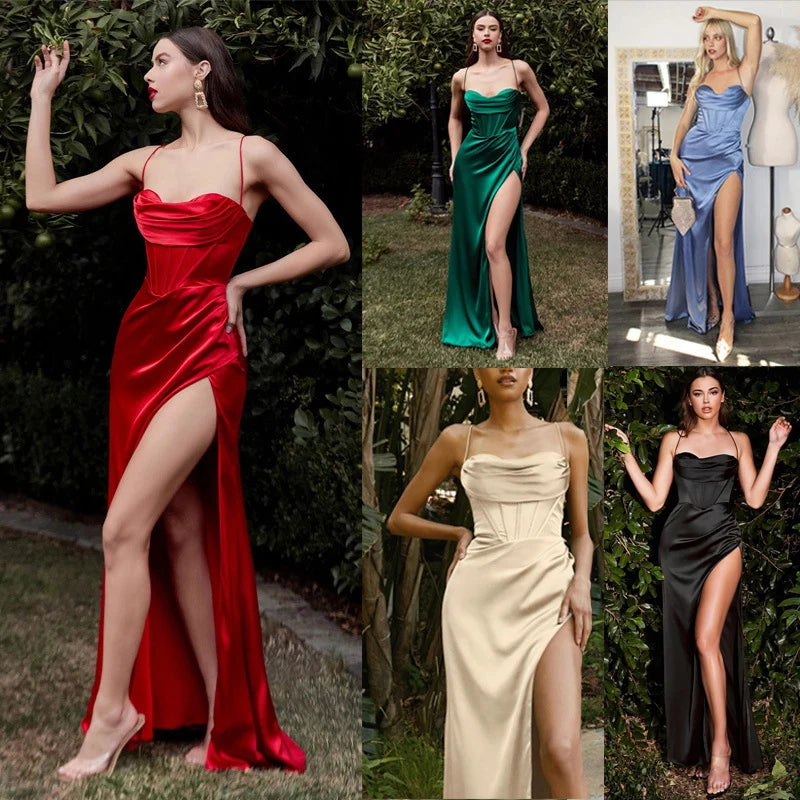 Red Sexy Backless Party Dresses for Woman Satin Long Dress Elegant Evening Birthday Maxi Dress Wholesale Item for Business