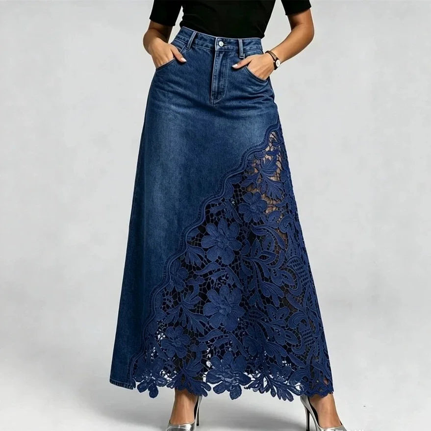 Women Elegant Lace Spliced Denim Skirt High Waist Slim A-line Skirt Washed Denim Wrap Hip Long Skirt All Match Fashion Bottoms