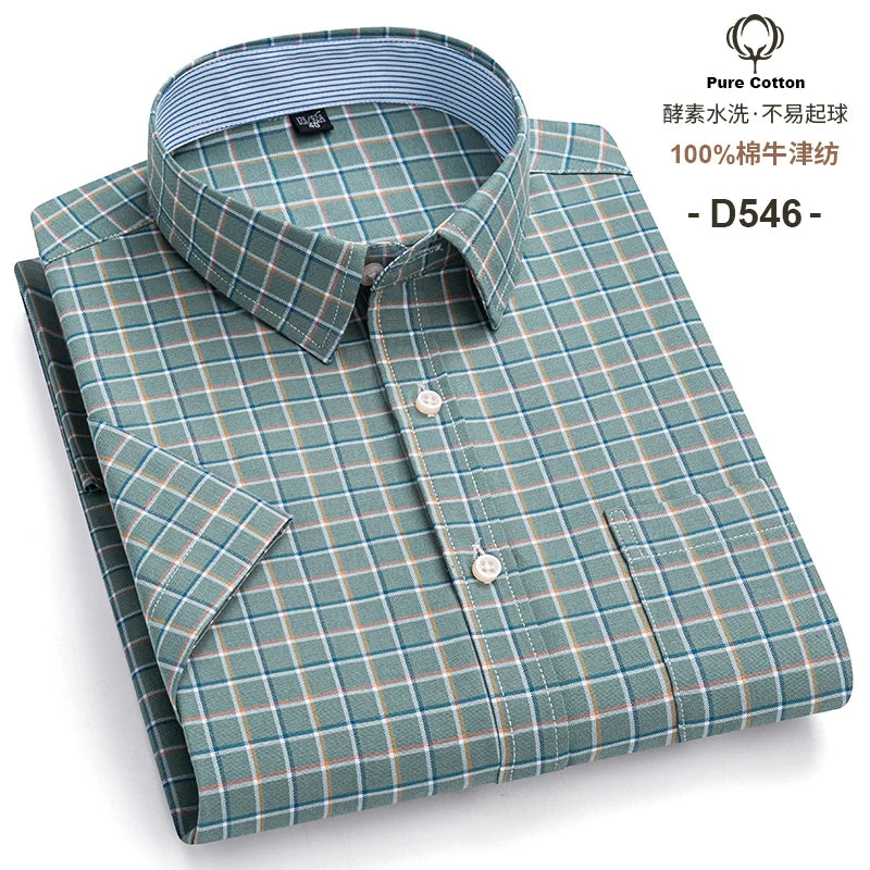 100%Pure Cotton Oxford Men's Shirts Short Sleeve Plaid Soft Regular Fit Formal Dress Shirt Social Blouse Male Clothes 6XL 7XL