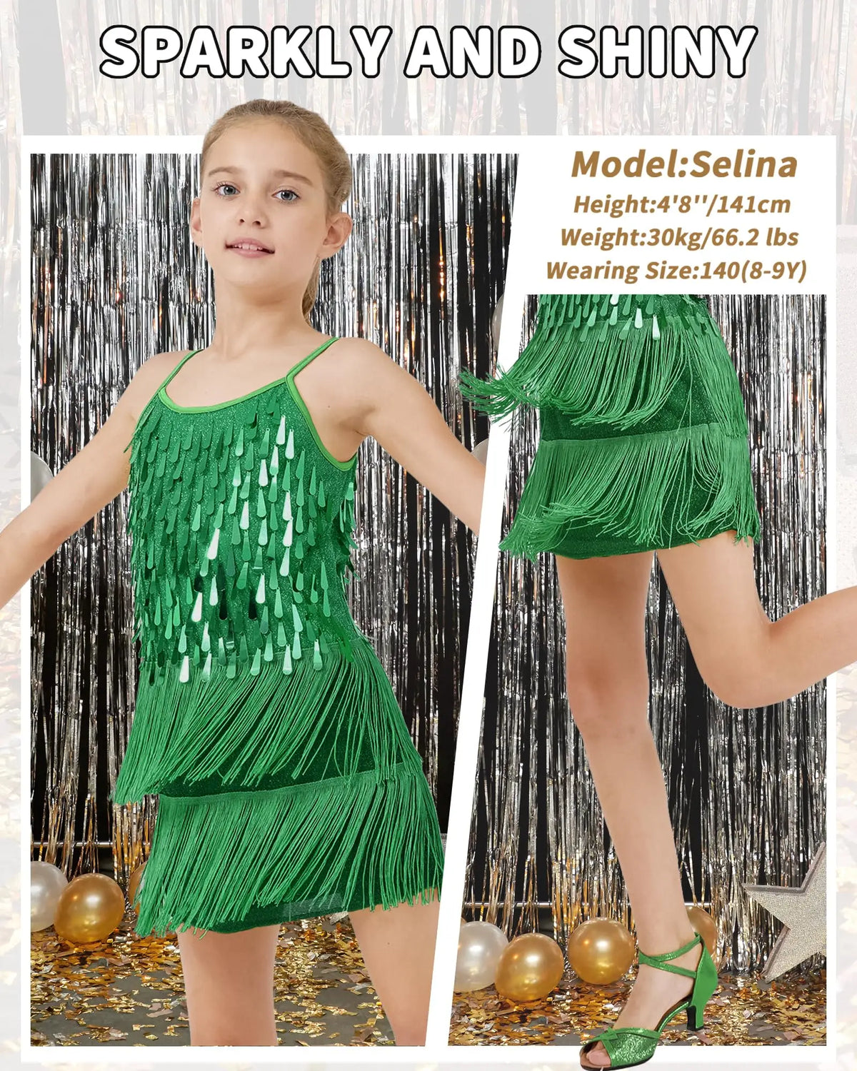 LOlanta 2Pcs Girls Sequin Latin Dance Dress Tassel Salsa Dancewear Sequin Fringe Dress Performance Outfits