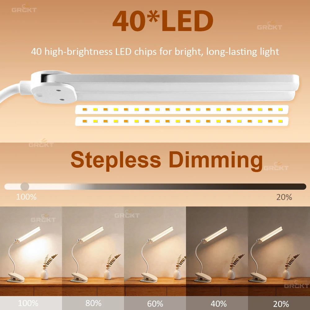 Flexible Dual Head LED Desk Lamp Eye Protection 3 Color Modes Brightness USB Rechargeable 360° Rotate Touch Control Office Study