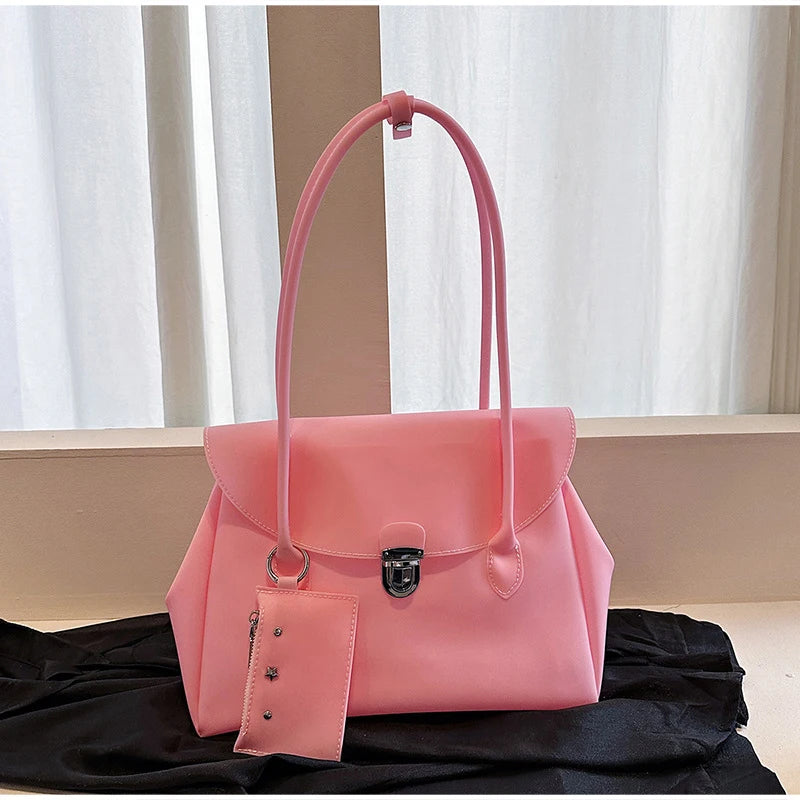 Korean Style Flap Jelly Tote Bag Large Capacity Commuter Shoulder Bag Underarm Handbag Soft Candy Color Casual Daily Work Bag