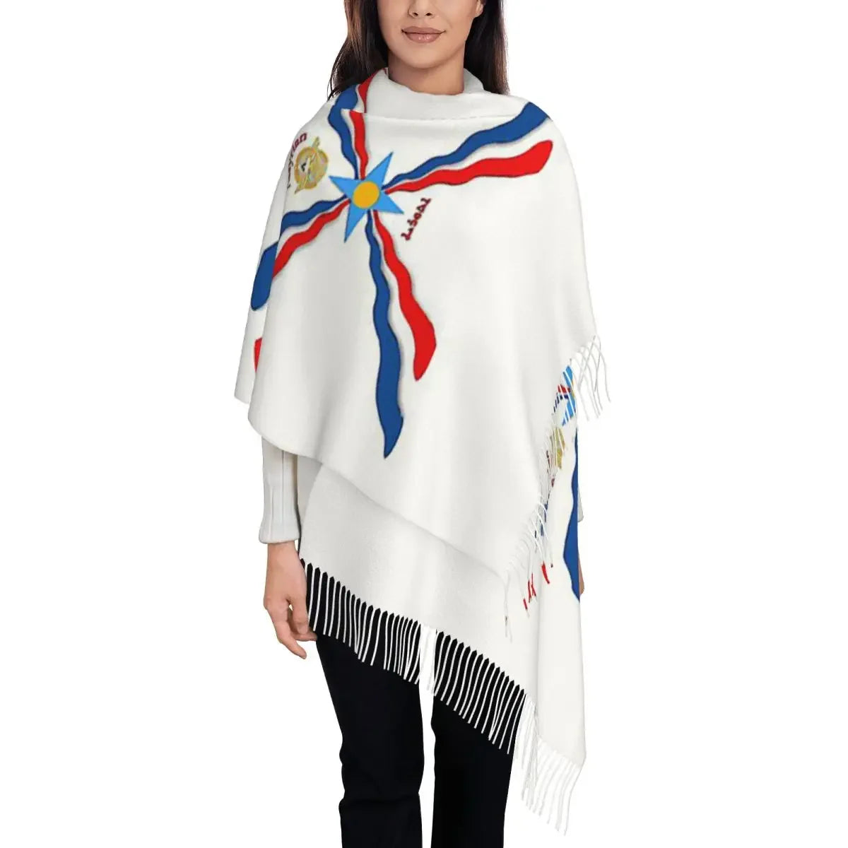 Luxury Assyrian Suryoyo Flag Scarf Tassel Scarves Women Soft Warm Shawls and Wraps Large Fall Winter Shawl Wrap