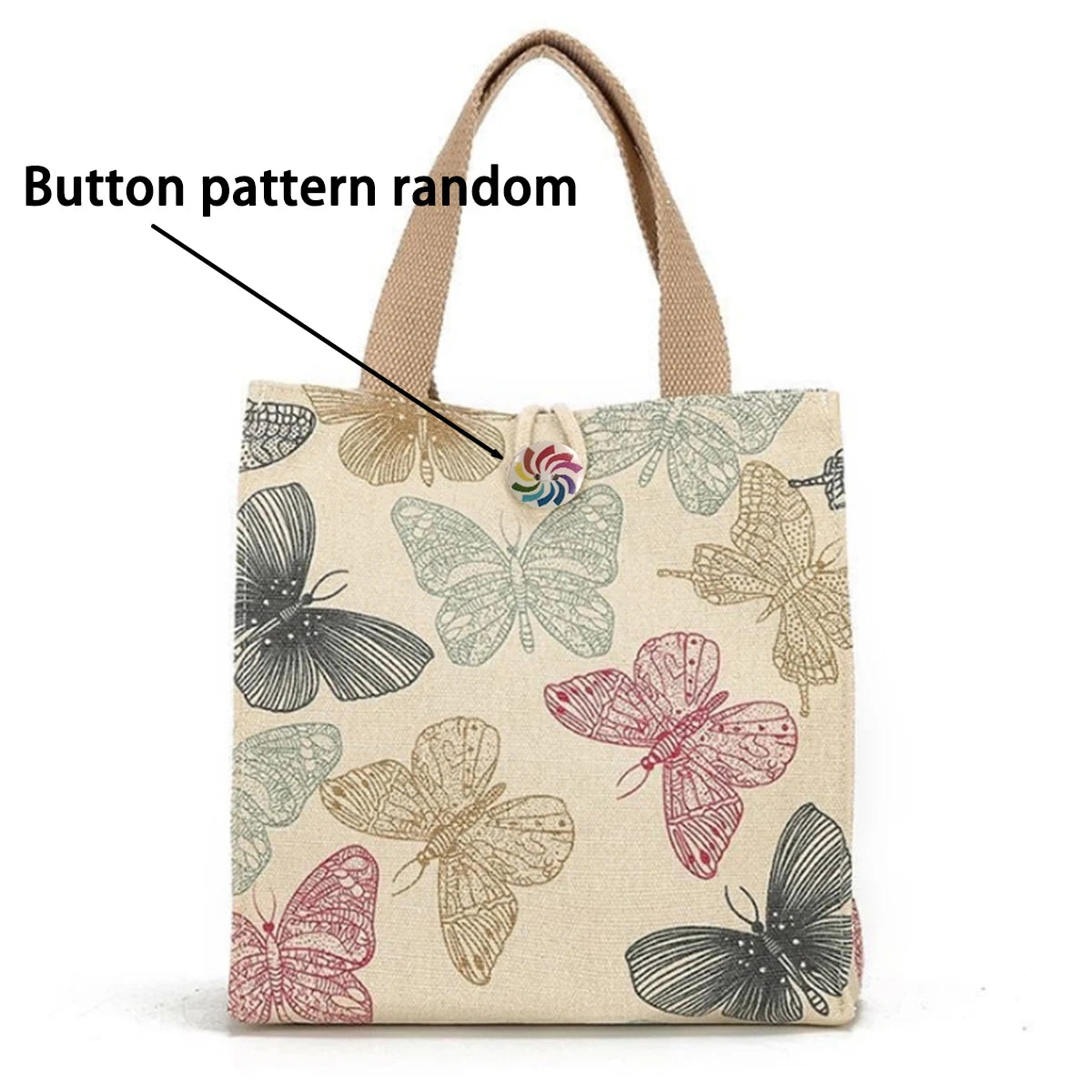 White Canvas Fashion Delicate Random Butterfly Print Portable Bento Bag Fashion Handbag Tote Bag One Pack