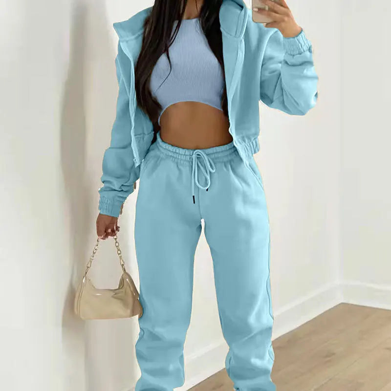 Ladies Tracksuit Zippered Hooded Jogger Tracksuit Thermal Lined Trousers Tracksuit Fashionable Athleisure Cozy Ensemble