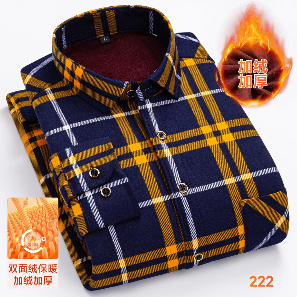 2025 Men's Winter Warm Shirts Long Sleeve Plaid Print Flower Autumn Thickened Fleece Street Trend Casual Dress Shirts 8XL 7XL