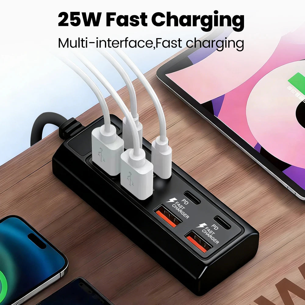 4 USB Charger Power Strip Fast Charging 4 Type C Phone Charger Adapter Electric Socket Extension Cable Socket for Home Office