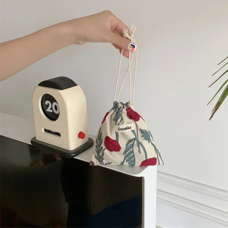 Kawaii Cloth Floral Drawstring Storage Bag Cosmetic Organizer for Women Makeup Handbags Wallet Small Pouch