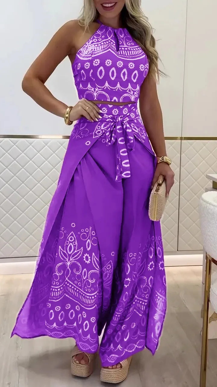 Summer Vintage Halter Top Wide Leg Pants Set Women's Bohemian 2-Piece