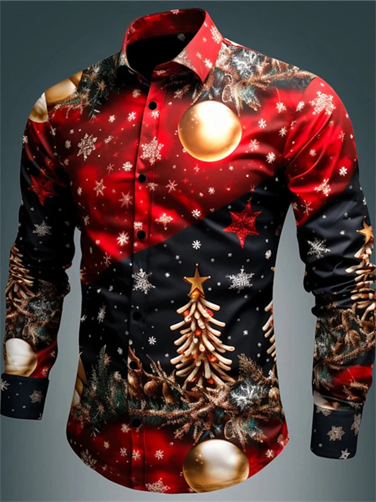 Gift Christmas Tree Print Men's Long Sleeve Shirt Urban Street Men's Fashion Christmas Shirt Autumn And Winter Casual Mens Shirt
