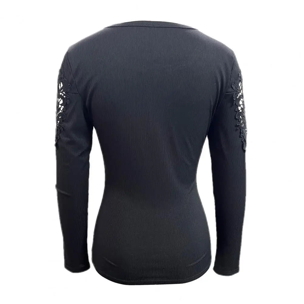 Round Neck Women Top Elegant Lace Patchwork Women's Pullover Slim Fit Round Neck T-shirt Spring Fall Long Sleeve Top Soft Blouse