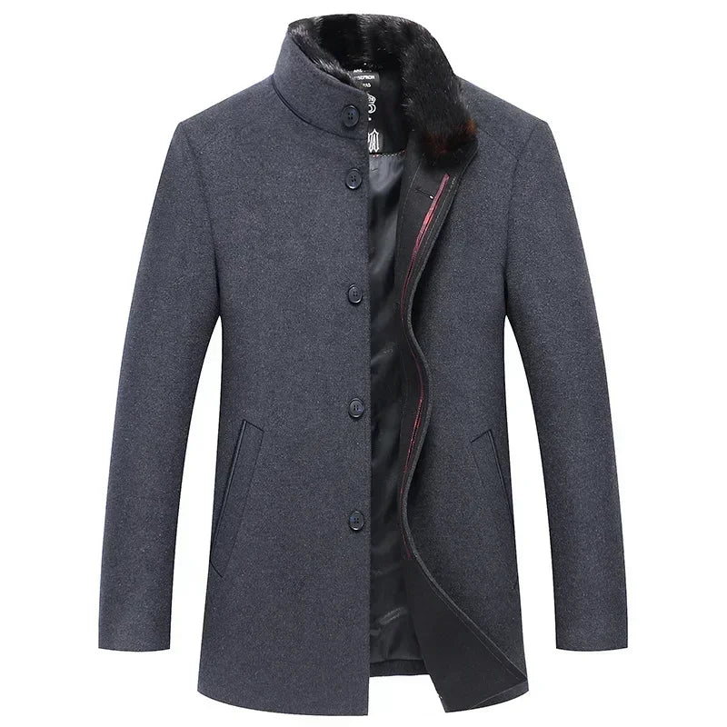 New Winter Men Business Casual Woolen Blends Fur Collar Male Cashmere Trench Coats High Quality Overcoats Warm Jackets Size 3XL