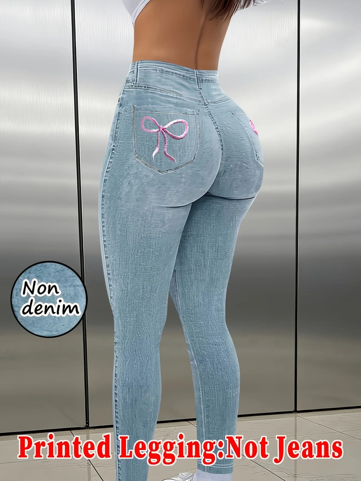 Printed Legging‑Not Denim Fabric All‑over Faux‑Denim Printed Long Pants with Faux Pocket and Button Print Details. New‑Arrival