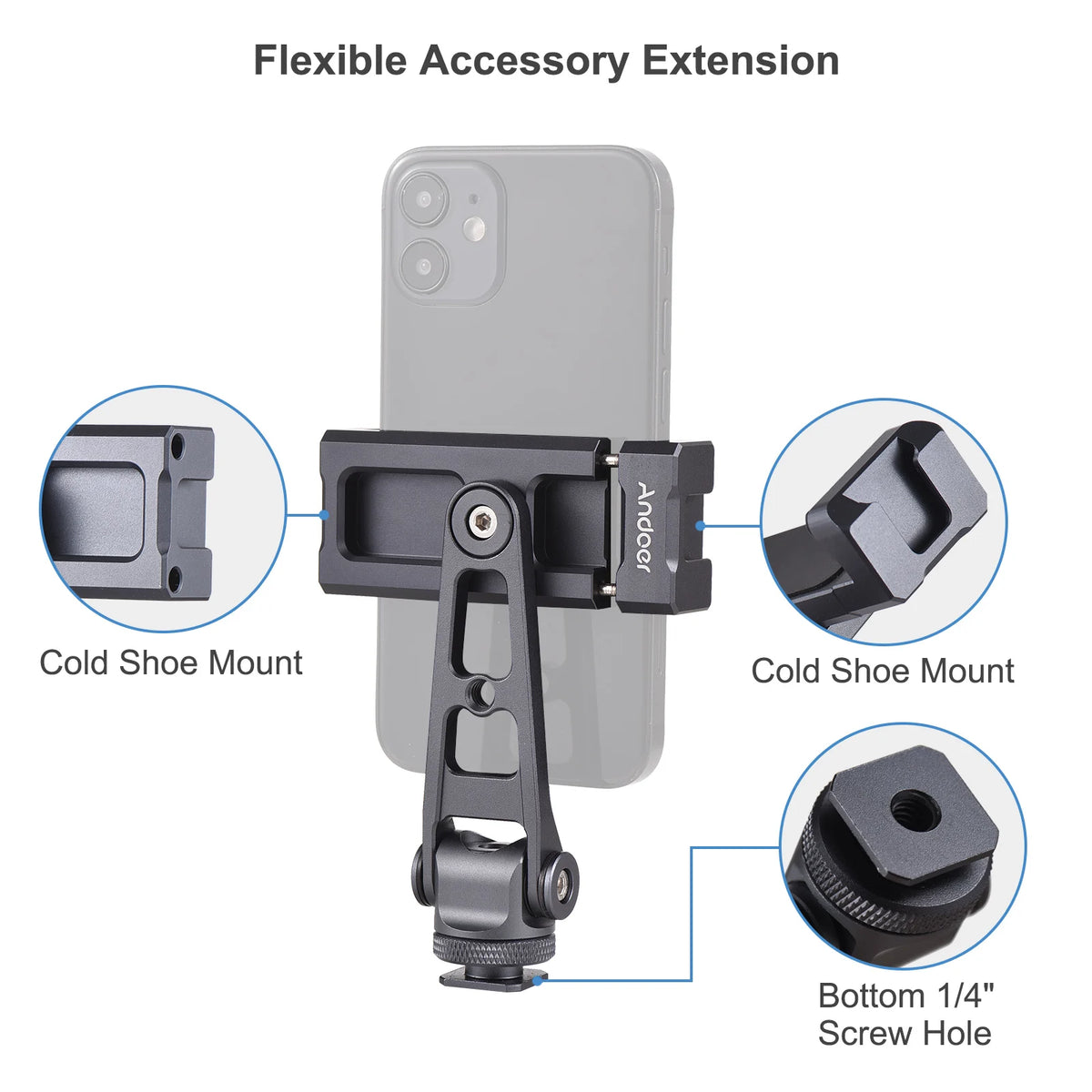 Andoer Phone Holder Clamp Multi-functional Aluminum Alloy 360° Rotatable with Dual Cold Shoe Mounts for iPhone 14/13/12/11