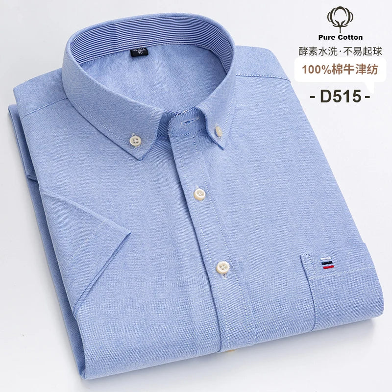 100%Pure Cotton Oxford Men's Shirts Short Sleeve Plaid Soft Regular Fit Formal Dress Shirt Social Blouse Male Clothes 6XL 7XL