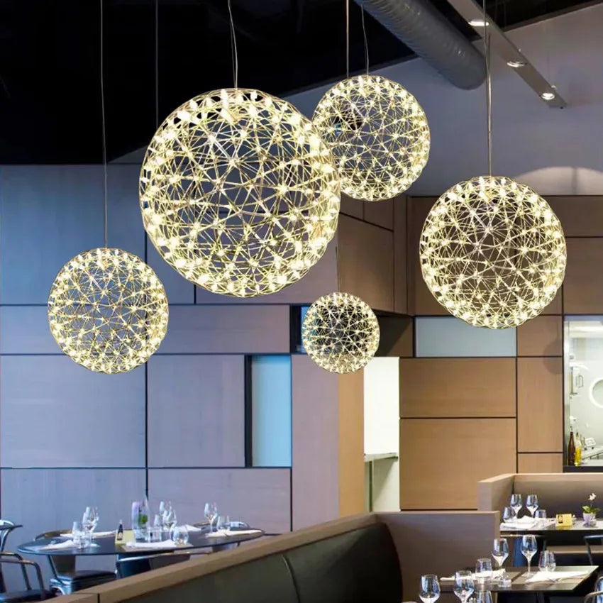 Modern Stainless Steel Spark Ball LED Pendant Light Dimmable Firework Dandelion Chandelier Loft Bar Bedroom Living Room Decor
