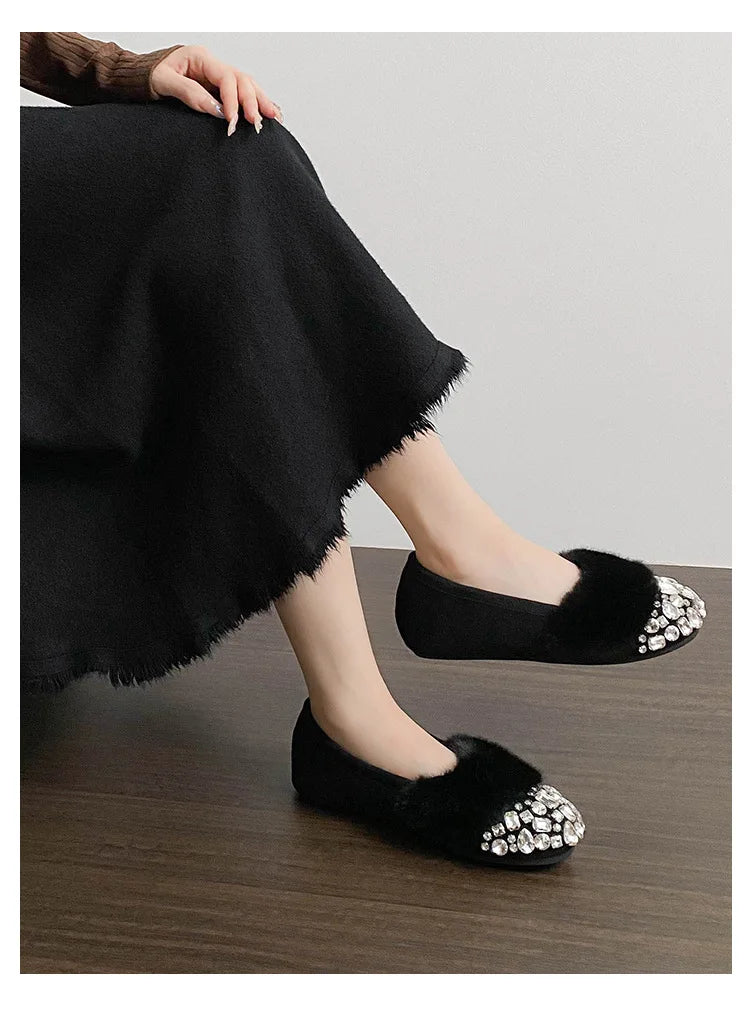 Luxury Glitter Rhinestone Ladies Plush Flat Shoes Female Cozy Crystal Decorate Loafers Winter Warm Walking Driving Shoes Casual