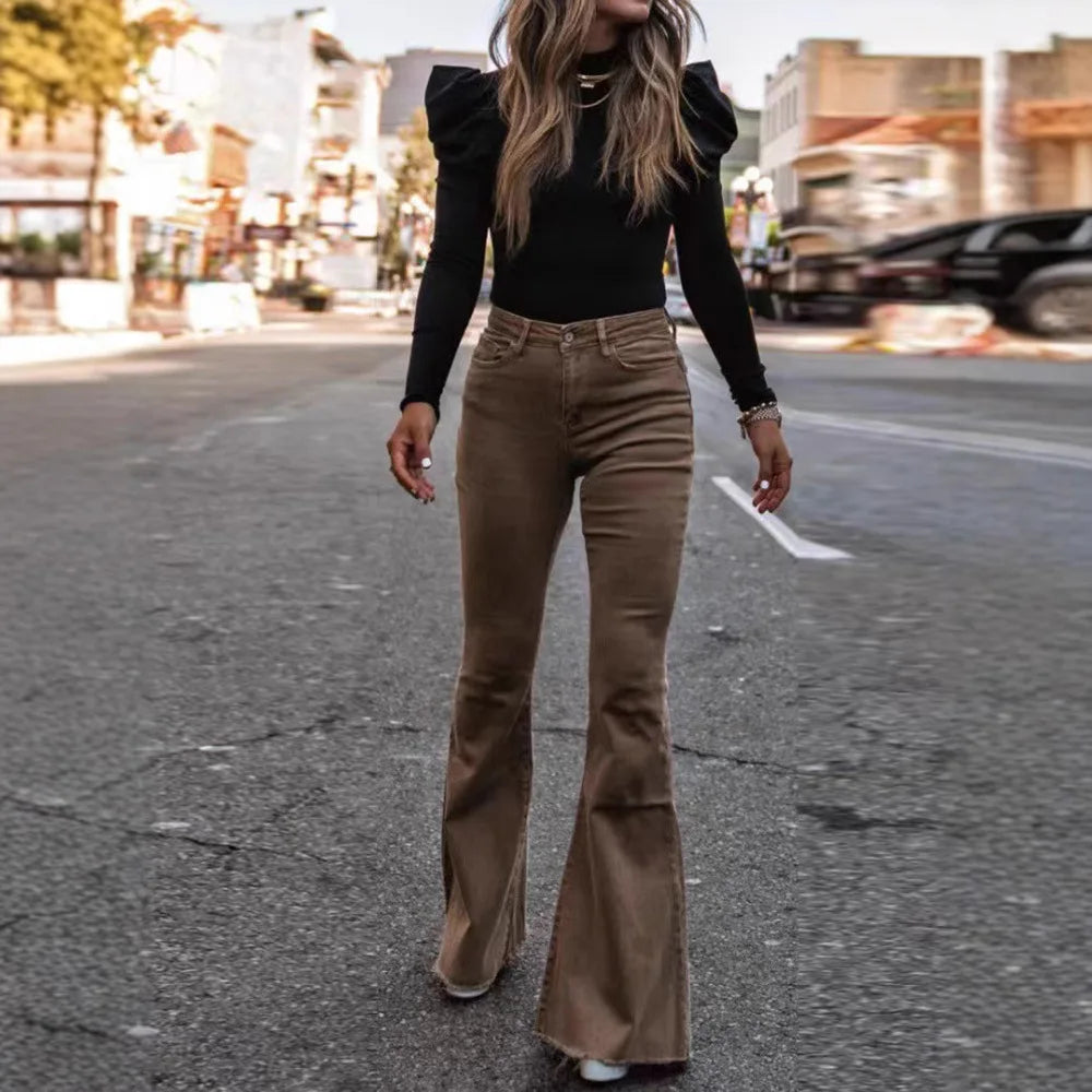 2025 Corduroy Trousers All Season Women Solid Button Fly Pocket Loungewear Slim Fit Ladies Flare Pants Streetwear Dropshipping