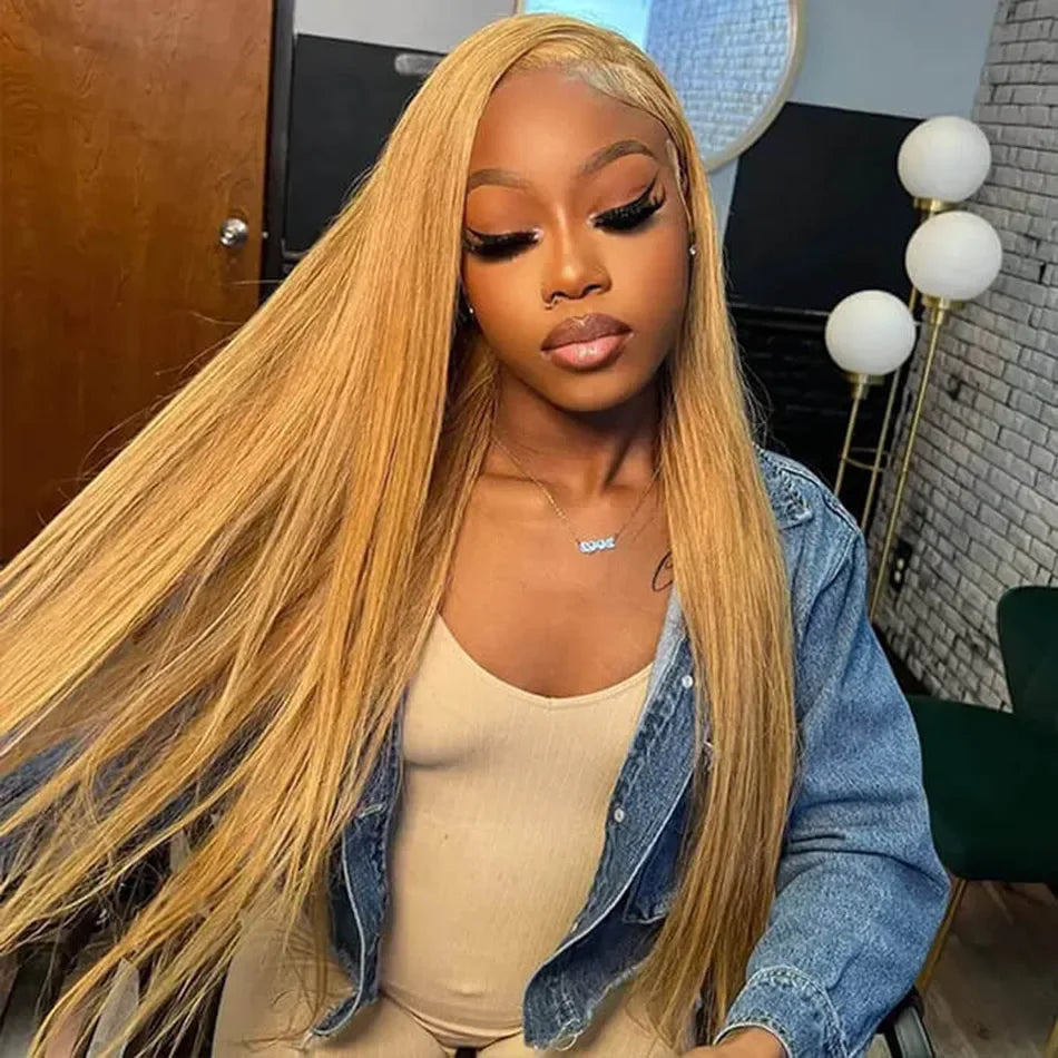 13x6 27# Honey Blonde Colored Human Hair Frontal Wigs Straight 200% 13x6 HD Transparent Lace Front Human Hair Wigs For Women