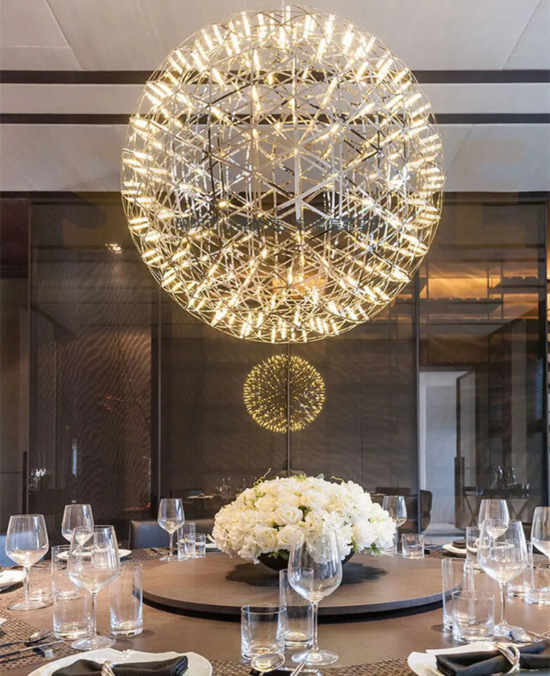 Modern Stainless Steel Spark Ball LED Pendant Light Dimmable Firework Dandelion Chandelier Loft Bar Bedroom Living Room Decor