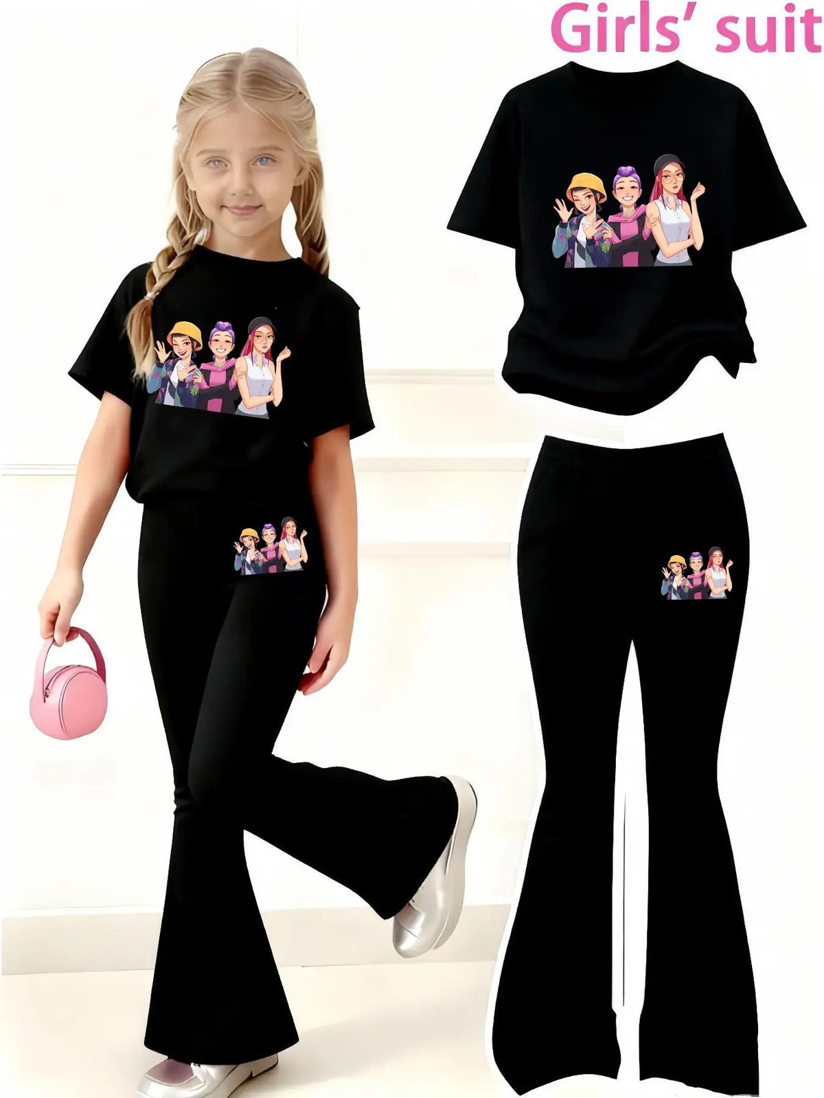 Girls' Summer Short-Sleeved Casual Outfit with Anime Character Print, Regular Short-Sleeved Top and Flared Pants Two-Piece Set, Suitable for Girls Aged 4-12, Versatile Clothing for Home and Outings