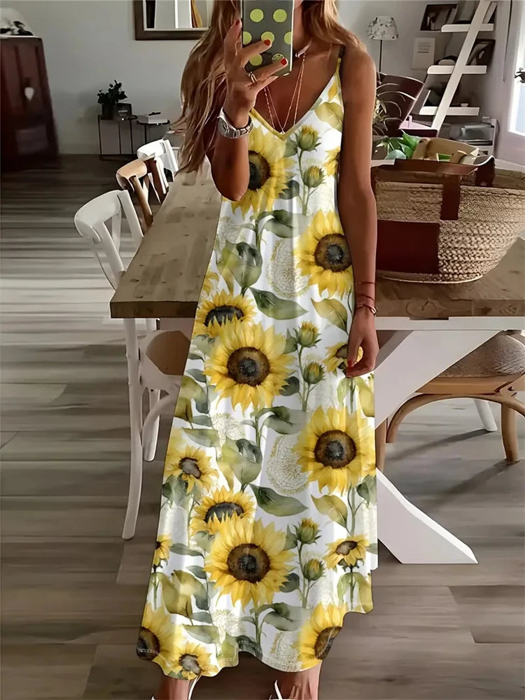 2024 New Women's Vintage Print Sleeveless Floor-Length Sundress Fashion V-Neck Slip Dress Bohemia Casual Loose Holiday Clothing