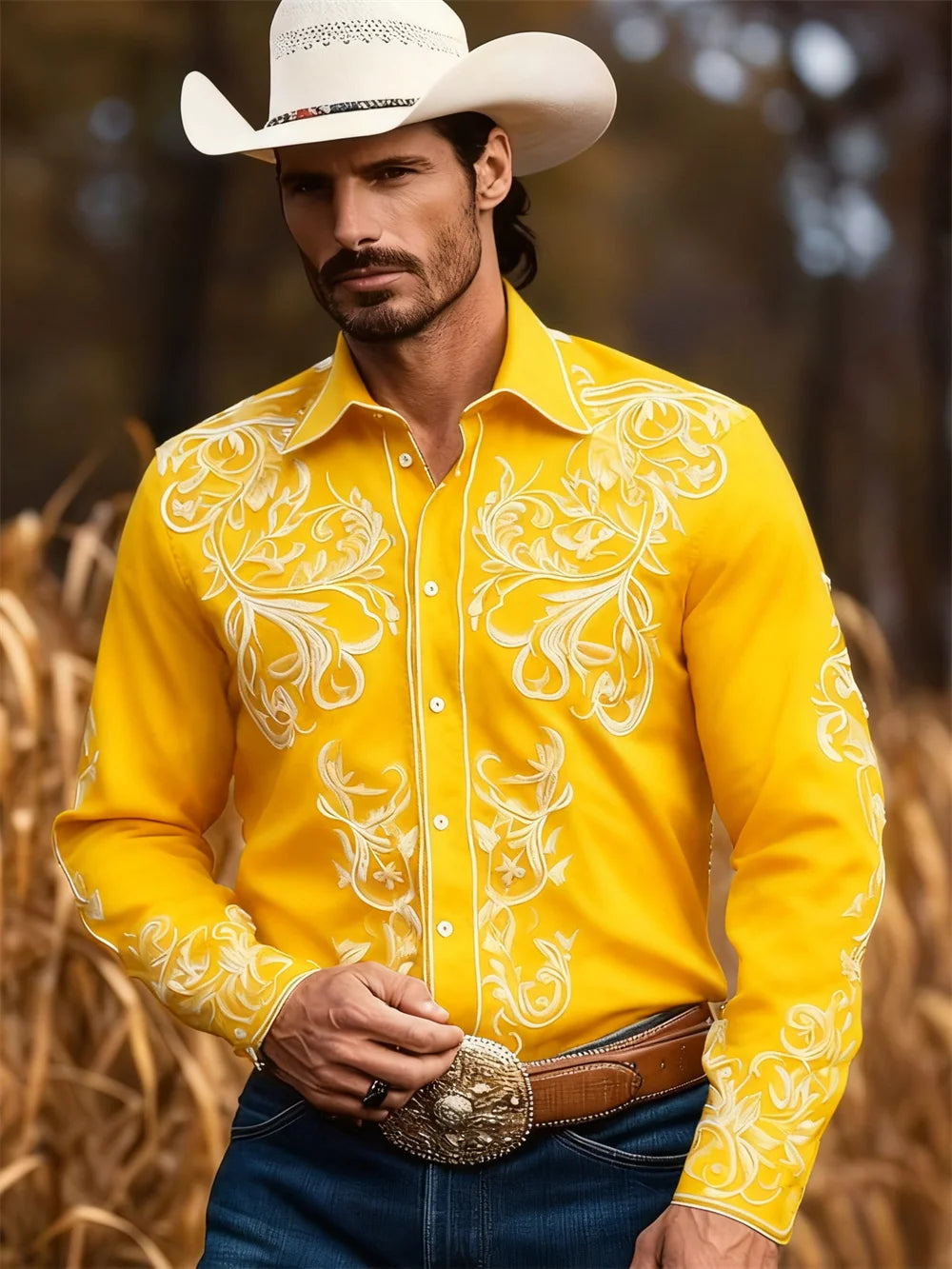 Men's Western Cowboy Style Casual Shirt with 3D Digital Printing Pattern, Vintage Holiday Casual Button Shirt