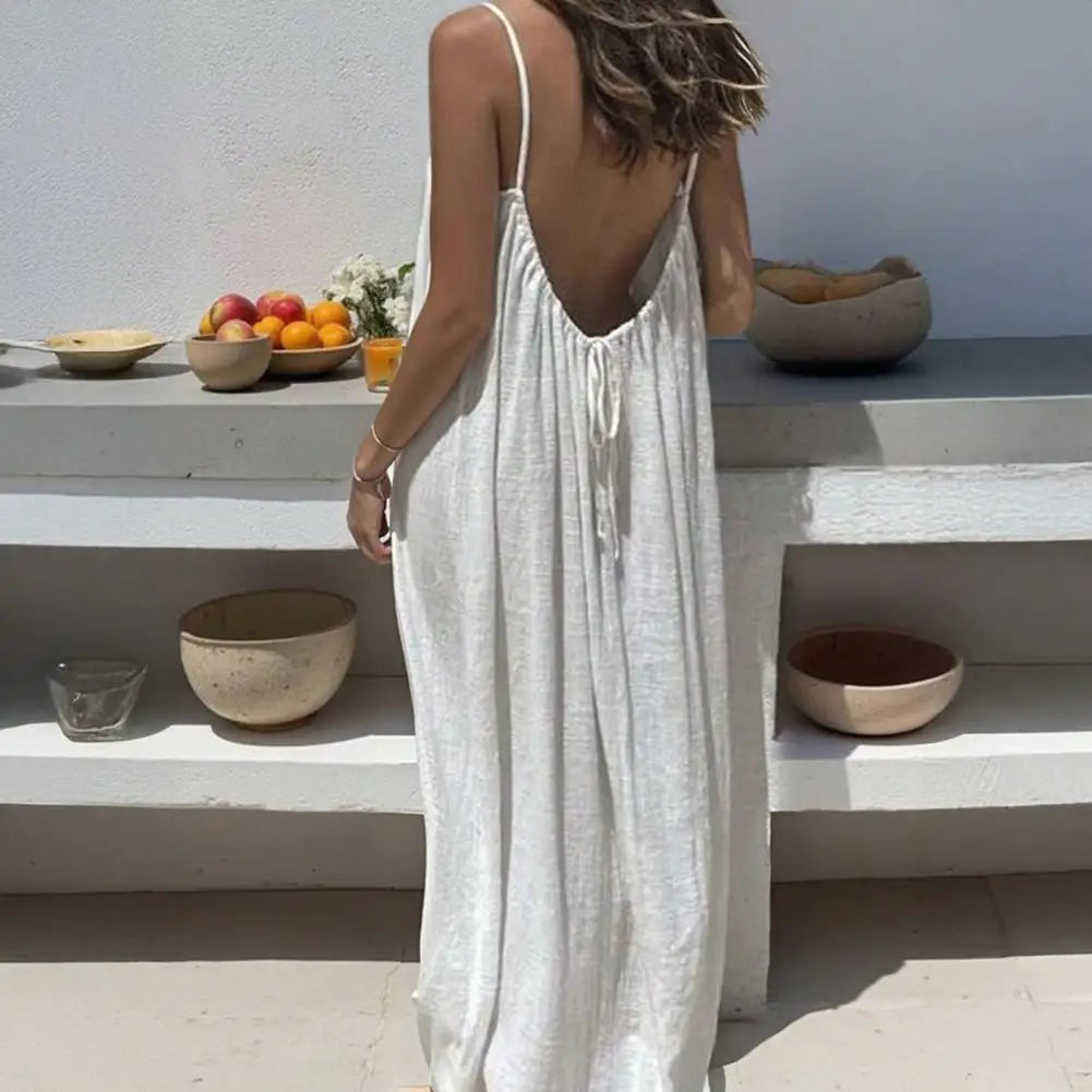 Women's Backless Cami Dress Summer Casual Sleeveless Boho Beach Maxi Dress Spaghetti Strap Vacation Long Sundress with Back Tie