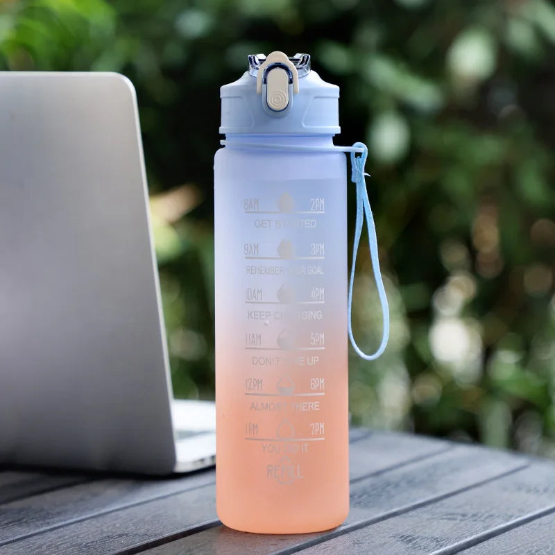 3Sizes Sports Water Bottle Gradient Color Motivational Bottle with Time Marker Leak-proof Cup Gym Outdoor Drinkware