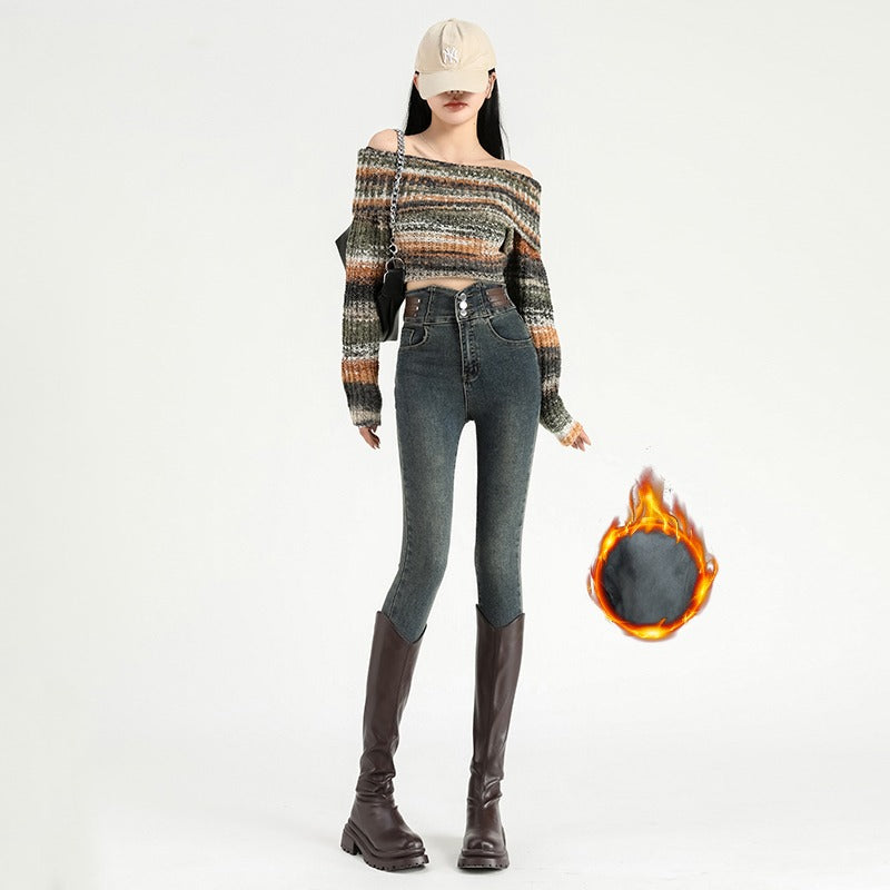 High Waist New Women's Fleece Jeans Winter Warm Thermal Slim Blue Black Fashionable Casual Velvet Elastic Pencil Denim Trousers