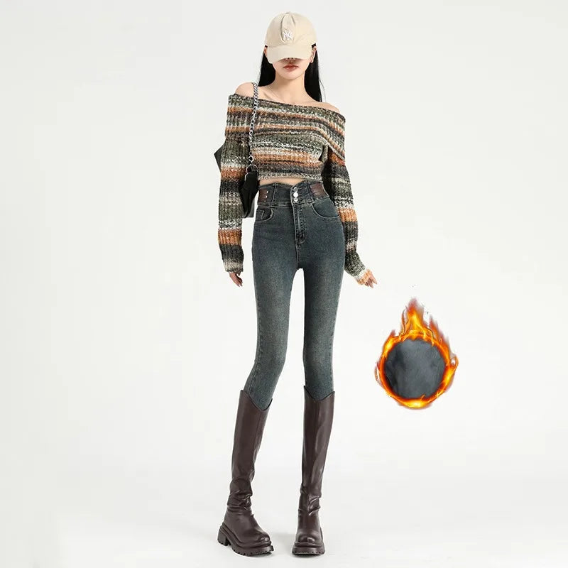High Waist New Women's Fleece Jeans Winter Warm Thermal Slim Blue Black Fashionable Casual Velvet Elastic Pencil Denim Trousers