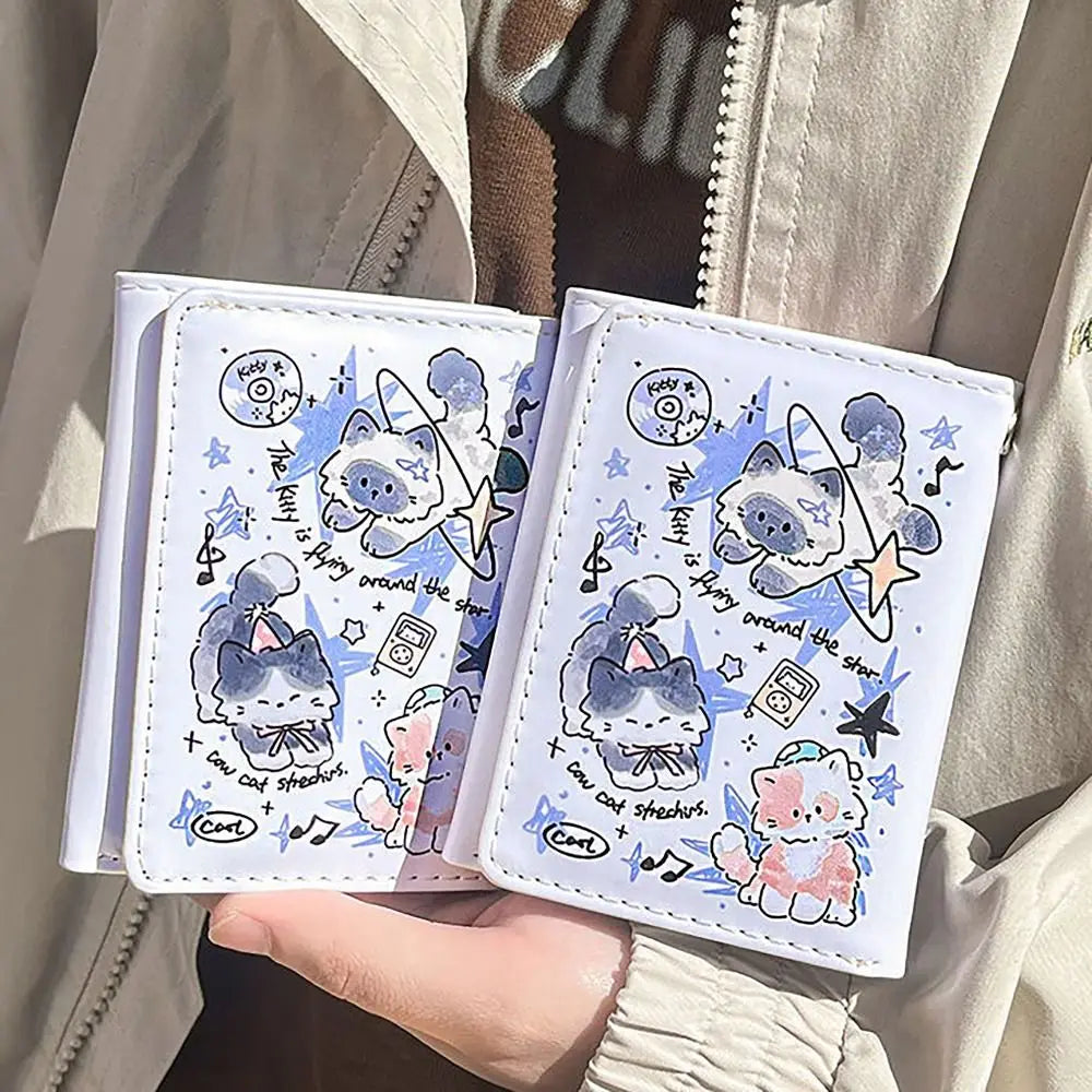 Vintage 3 Folds Money Coin Purse PU Leather Cute Kitten Dog Wallet Money Bag INS Style Card Wallets for Girls Students Gift