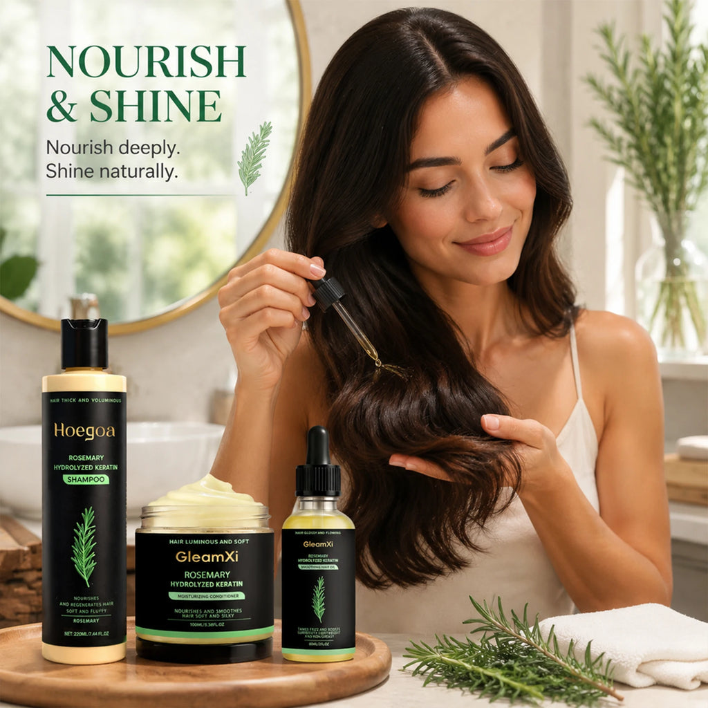 Rosemary Hydrolyzed Keratin Hair Care Set - Shampoo Hair Mask Hair Oil Repair Damaged Frizzy Dry Hair Nourish Scalp Treatment