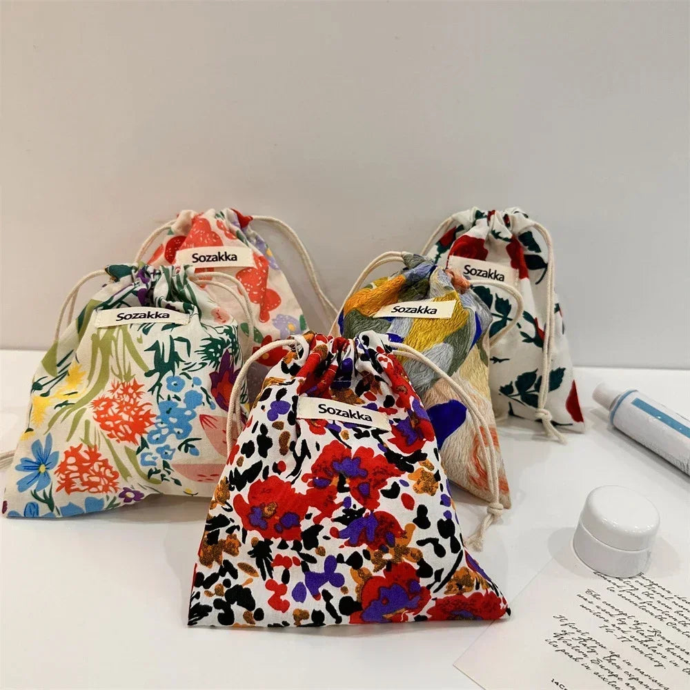 Kawaii Cloth Floral Drawstring Storage Bag Cosmetic Organizer for Women Makeup Handbags Wallet Small Pouch