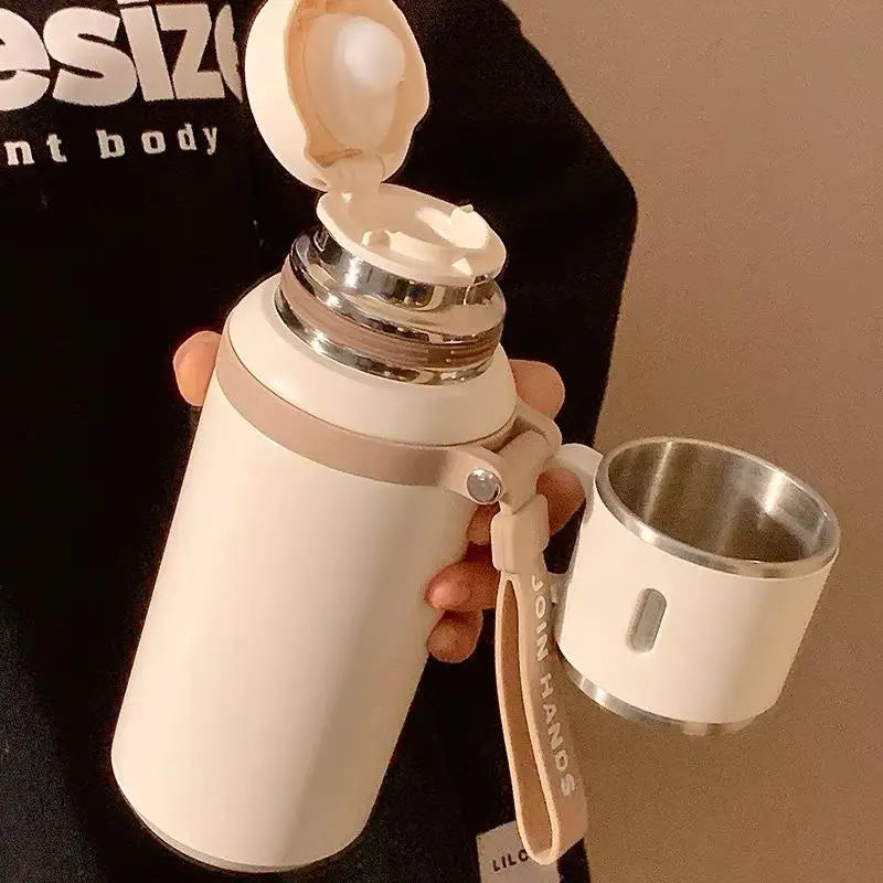 600ML Stainless Steel Insulated Bottle Double Wall Vacuum with Cup Lid Rope Handle Office Home Travel Thermos Coffee Cup Outdoor