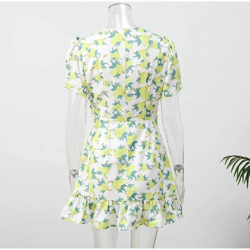 Elegant Print Low-cut Ruffle Short Dress Women V-neck Short-sleeved Waist Cinching Pleated Mini Dresses Casual Party Vestidos