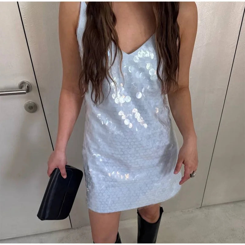 Sexy Lace Sequined Patchwork Dress Women Solid Sling Hollow Out Female Mini Dresses 2026 Summer Autumn Beach Fashion Lady Robe