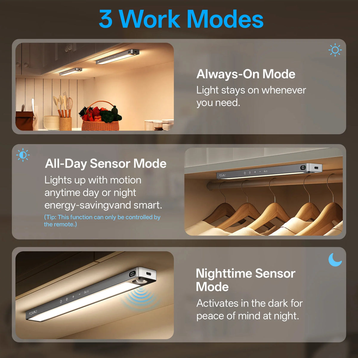 PZSUNLY LED Cabinet Light Rechargeable Motion Sensor Lamp 2200mAh Battery Display Touch 3 Color Type-C Magnetic Light Kitchen Wardrobe Bedroom Indoor Lamp
