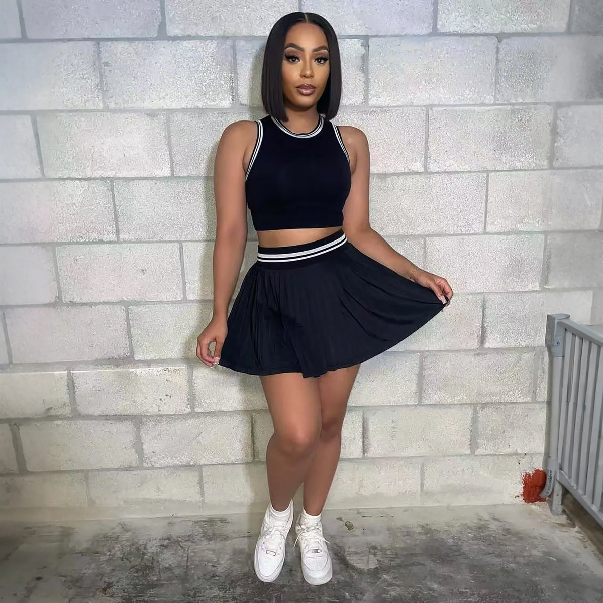 M3089 Women Solid Color Two Piece Set Sleeveless Crop Top & High Waist Pleated Mini Skirt Tennis Style Outfit